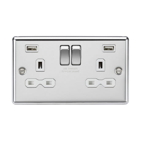 A 13A two-gang switched socket with dual USB ports, set on a polished chrome plate with a white insert and rounded edge.