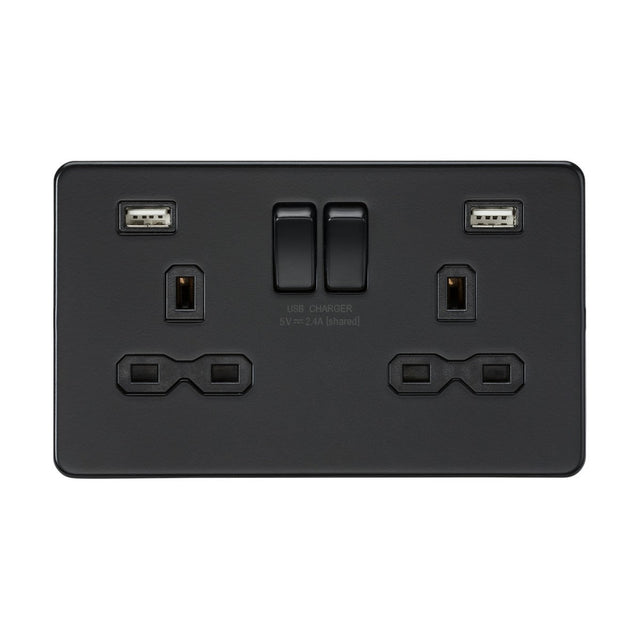 Introducing the 13A 2 Gang SP Switched Socket with Dual USB in a sleek matt black finish and a screwless design. This socket features two standard plug outlets, two switches, and dual USB charging ports, making it ideal for modern electronic devices by providing both traditional and USB charging solutions.