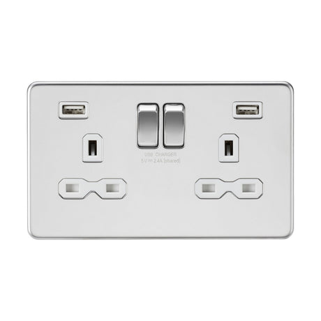 The 13A 2 Gang SP Switched Socket with Dual USB in polished chrome features a screwless design and includes two standard three-pin outlets, as well as two USB charging ports. This device also has minimalist rectangular switches placed between the outlets, finished with a sleek white insert.