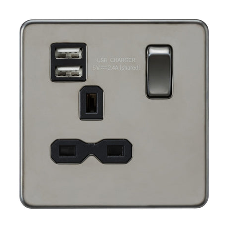 13A 1G SP Switched Socket with Dual USB A+A (5V DC 2.4A shared) - Black Nickel with Black Insert