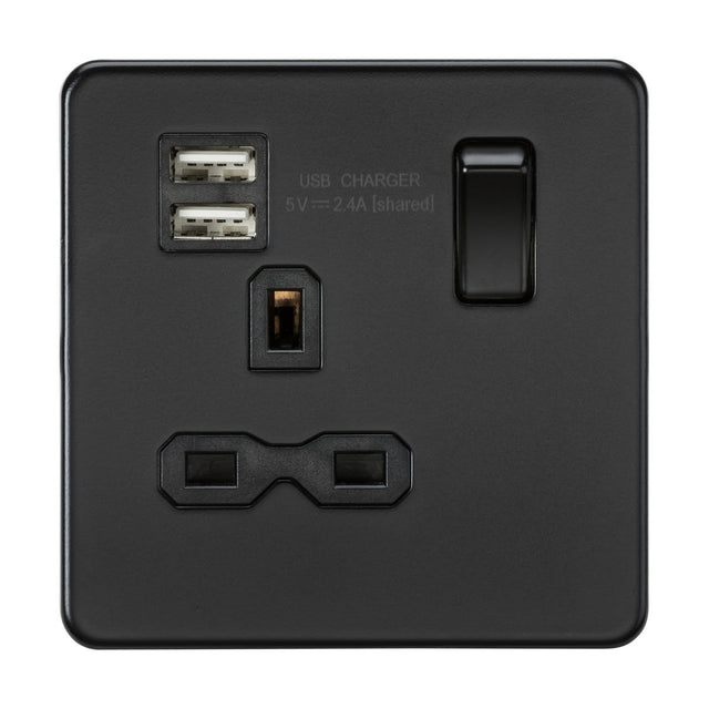 Introducing the 13A 1 Gang SP Switched Socket with Dual USB in Matt Black, featuring a black insert and screwless design. This sleek electrical wall socket offers dual USB chargers with 5V and 2.4A specifications, an ethernet port, a double power outlet, and an integrated switch.