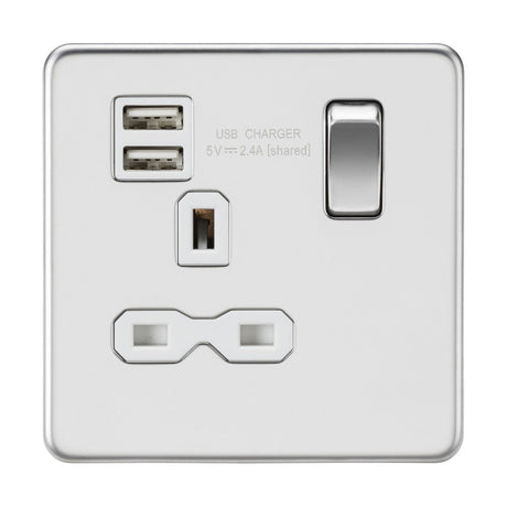 The polished chrome wall socket, with a screwless and low-profile design, showcases a white insert. It includes a switch, dual USB charger ports, and a UK power outlet. The label indicates USB CHARGER 5V ⎓ 2.4A [shared].