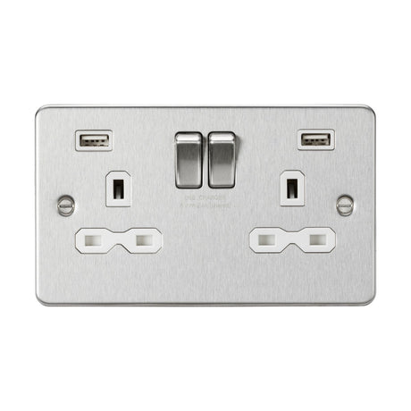 The 13A 2 Gang SP Switched Socket with Dual USB in brushed chrome and a flat plate design features two switches, four plug slots, and dual USB charging ports. This socket perfectly combines traditional outlets with modern USB capabilities.