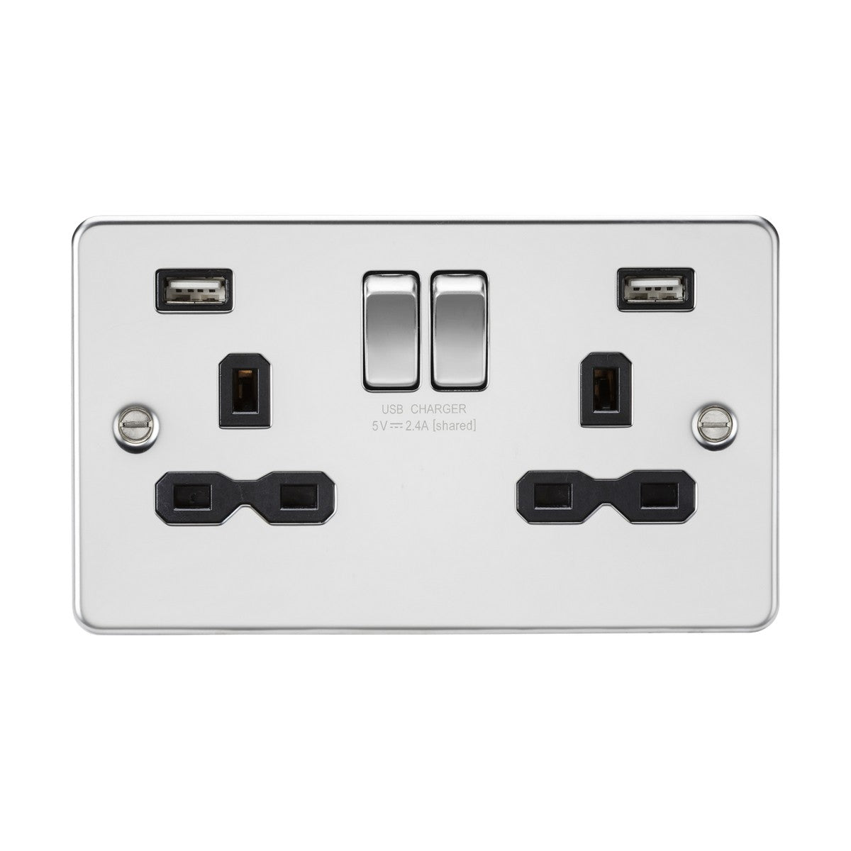 A sleek white 13A 2 Gang SP Switched Socket with a polished chrome flat plate design and black insert. It includes two switches, each equipped with a three-pin plug socket, and built-in dual USB chargers with a 5V 2.4A output for convenient device charging.