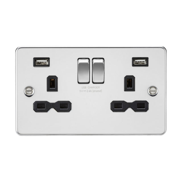 A sleek white 13A 2 Gang SP Switched Socket with a polished chrome flat plate design and black insert. It includes two switches, each equipped with a three-pin plug socket, and built-in dual USB chargers with a 5V 2.4A output for convenient device charging.
