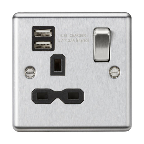 13A 1G SP Switched Socket with Dual USB A+A (5V DC 2.4A shared) - Brushed Chrome with Black Insert