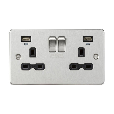 13A 2G Switched Socket, Dual USB (2.4A) with LED Charge Indicators - Brushed Chrome w/Black Insert