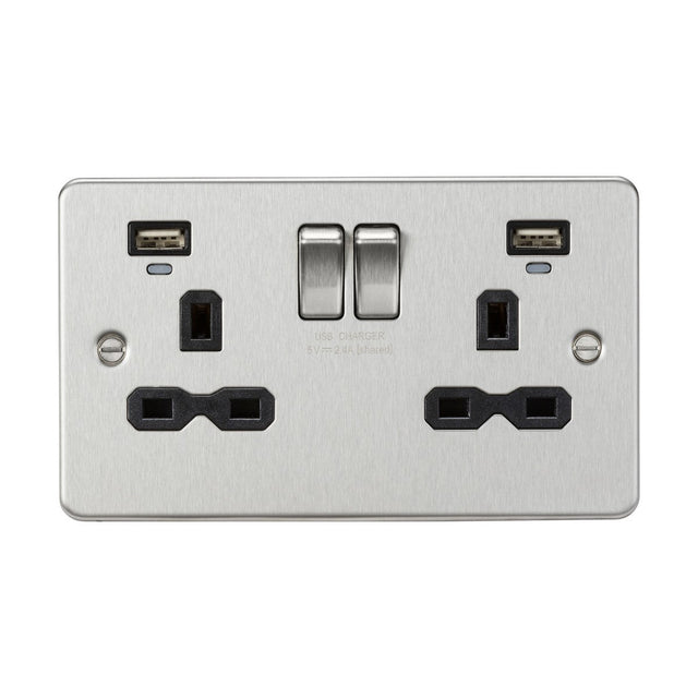 13A 2G Switched Socket, Dual USB (2.4A) with LED Charge Indicators - Brushed Chrome w/Black Insert