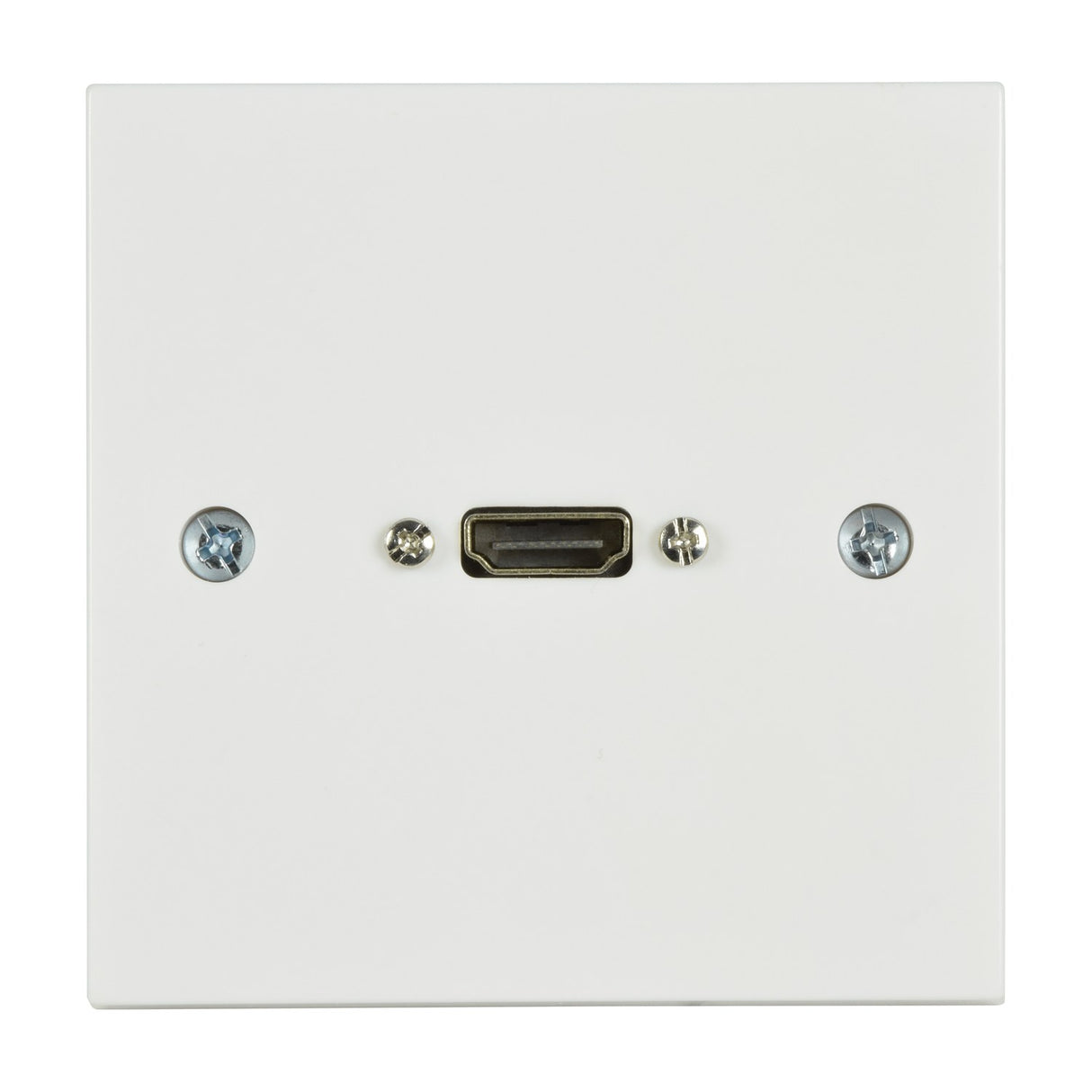 AV:Link white square single-gang HDMI wallplate with central gold-plated HDMI socket and fixing screws, shown on a plain white background.