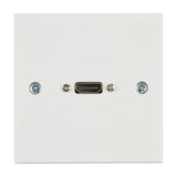 AV:Link white square single-gang HDMI wallplate with central gold-plated HDMI socket and fixing screws, shown on a plain white background.