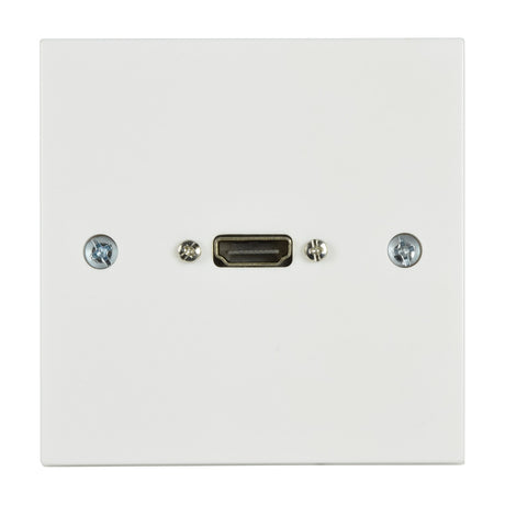 AV:Link white square single-gang HDMI wallplate with central gold-plated HDMI socket and fixing screws, shown on a plain white background.