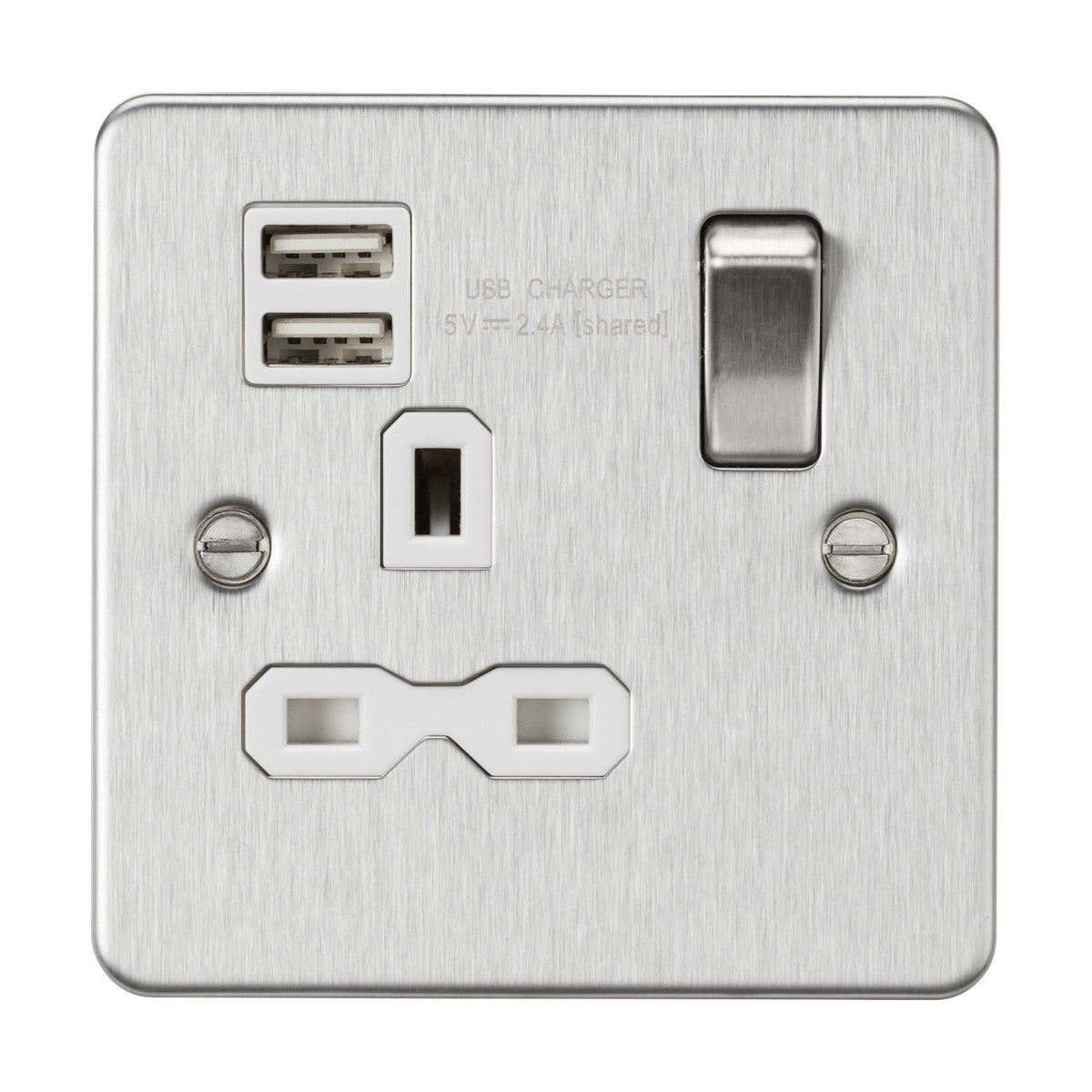 13A 1G SP Switched Socket with Dual USB A+A (5V DC 2.4A shared) - Brushed Chrome with White Insert