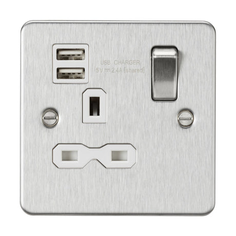 13A 1G SP Switched Socket with Dual USB A+A (5V DC 2.4A shared) - Brushed Chrome with White Insert