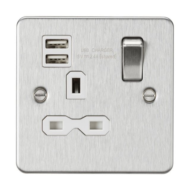 13A 1G SP Switched Socket with Dual USB A+A (5V DC 2.4A shared) - Brushed Chrome with White Insert