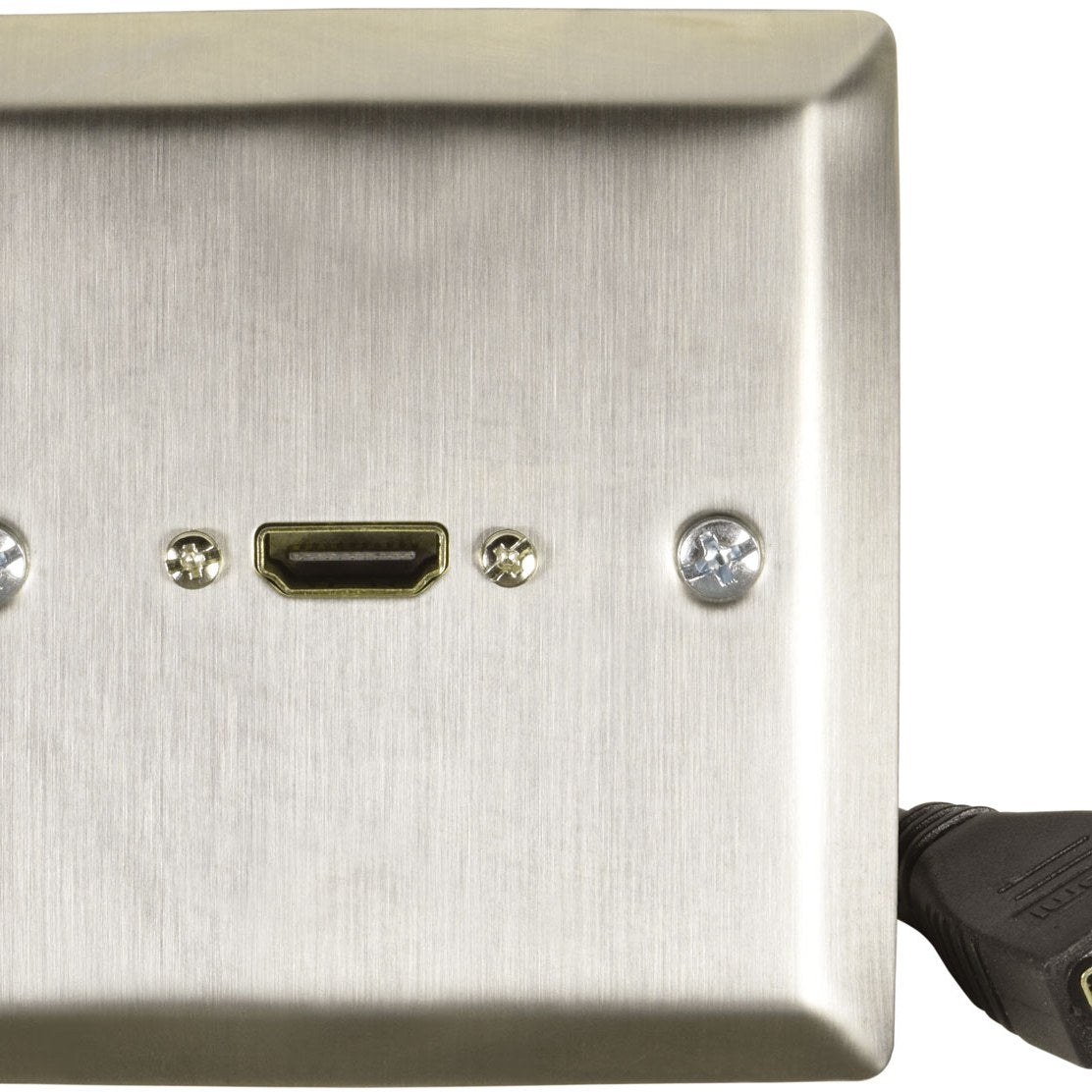 AV:Link brushed steel HDMI wallplate by AVSL, shown close-up with gold-plated HDMI socket, fixing screws, and black HDMI cable connector at the edge.