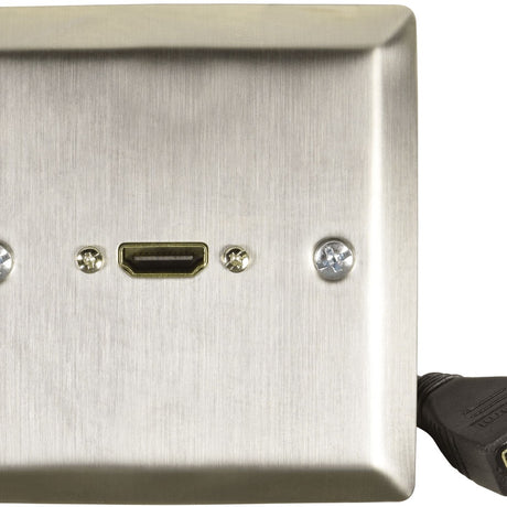 AV:Link brushed steel HDMI wallplate by AVSL, shown close-up with gold-plated HDMI socket, fixing screws, and black HDMI cable connector at the edge.