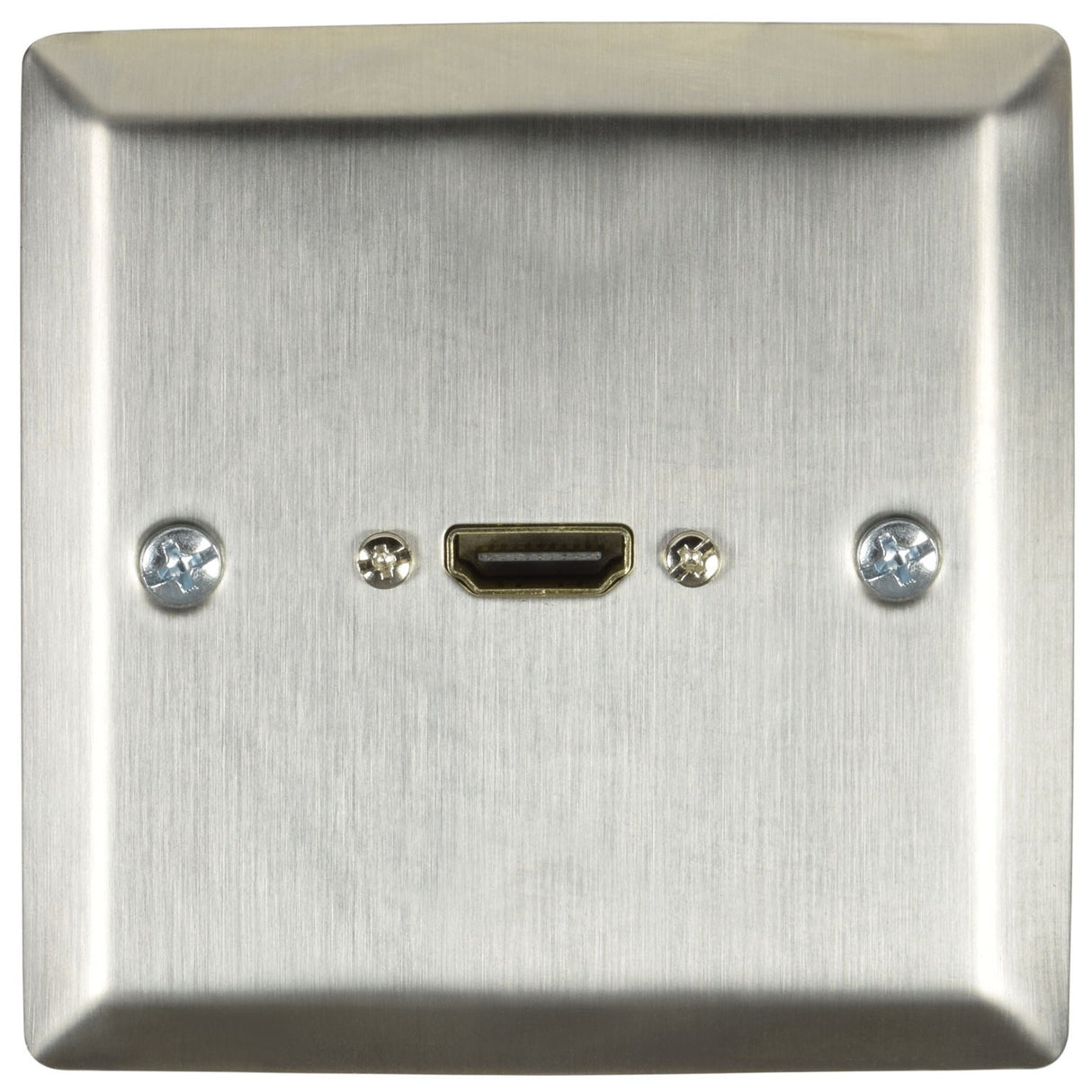 AV:Link brushed steel single-gang HDMI wallplate with gold-plated female HDMI socket and fixing screws, shown on a plain background.