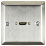 AV:Link brushed steel single-gang HDMI wallplate with gold-plated female HDMI socket and fixing screws, shown on a plain background.