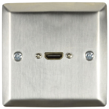 AV:Link brushed steel single-gang HDMI wallplate with gold-plated female HDMI socket and fixing screws, shown on a plain background.