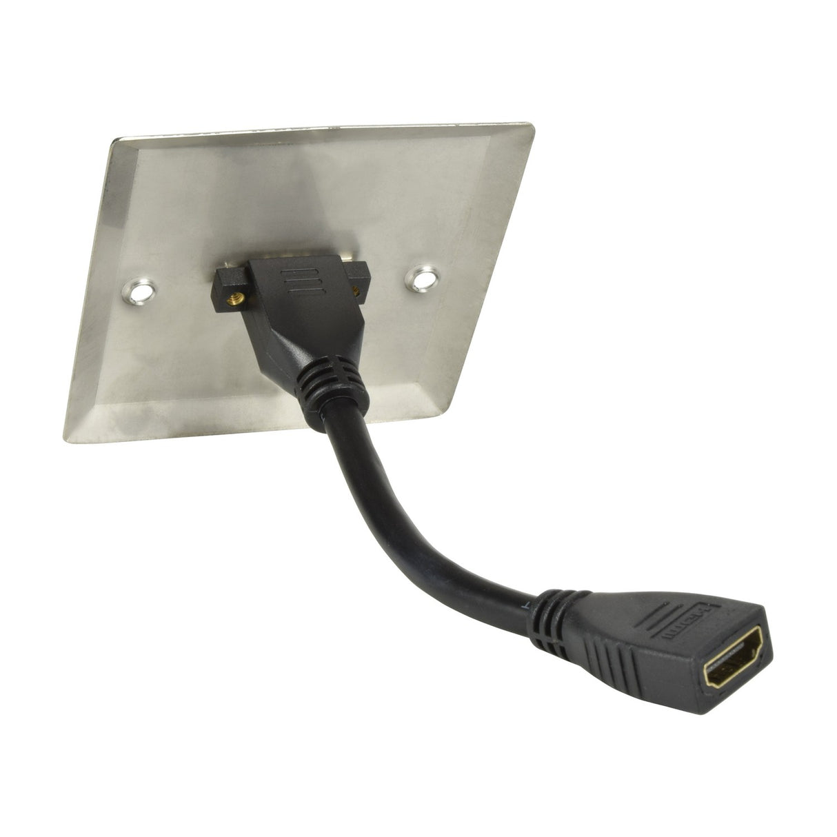Rear view of the AV:Link steel HDMI wallplate showing the black female HDMI tail extending from the module, on a plain white background.