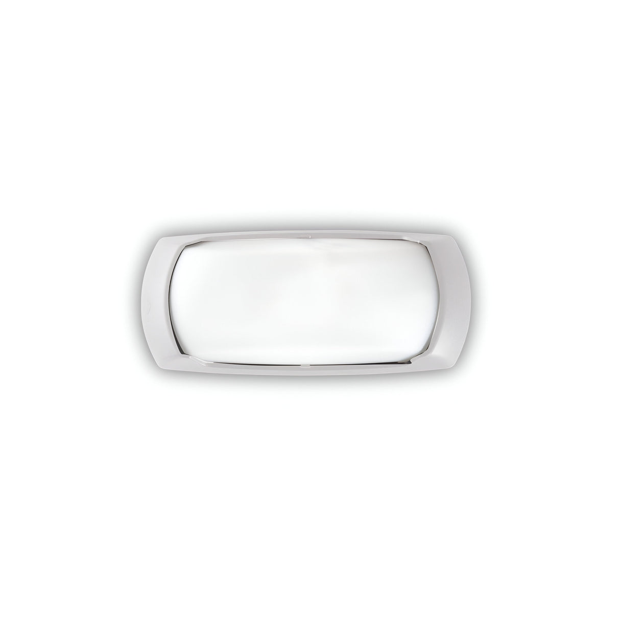 A Muse Outdoor Light Wall Light - White, featuring a glossy white surface and silver edges and crafted from high-performance resin, is centered against a plain white background.