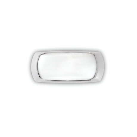 A Muse Outdoor Light Wall Light - White, featuring a glossy white surface and silver edges and crafted from high-performance resin, is centered against a plain white background.