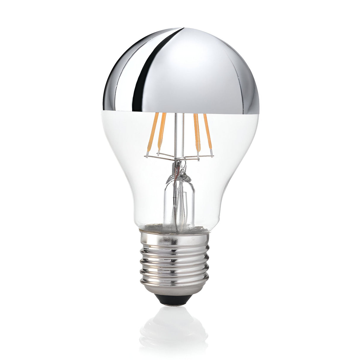 An 8W Non-Dimmable LED GLS Filament Bulb with a chrome finish stands out against a plain white background. The bulb, with its 3000K visible internal filaments and standard E27 screw base, exemplifies an energy-efficient design.