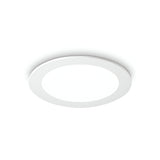 The Focus Round Recessed Downlight - 10W, 3000K in white showcases a minimalist design with its round shape. It features a smooth, flat surface that is seamlessly mounted against a plain white background, providing an energy-efficient lighting solution for modern interiors.