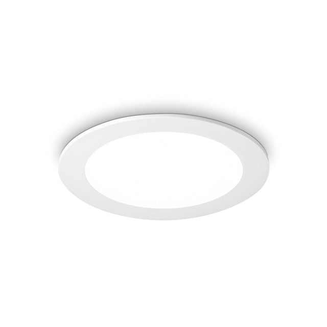 The Focus Round Recessed Downlight - 10W, 3000K in white showcases a minimalist design with its round shape. It features a smooth, flat surface that is seamlessly mounted against a plain white background, providing an energy-efficient lighting solution for modern interiors.