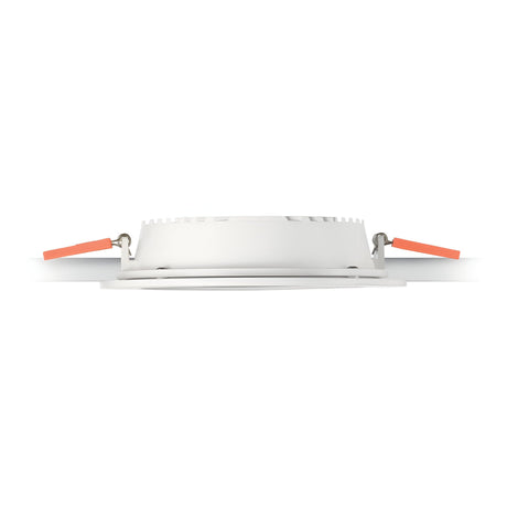 Close-up of the Focus Round Recessed Downlight – 10W, 3000K in white, showcasing its energy-efficient design with two small orange clips on either side against a white background.