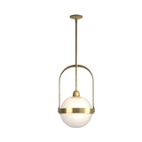 The Calis Alabaster Single Pendant Light features a frosted glass globe, encircled by brushed brass and suspended from a matching rod and ceiling mount in soft white.
