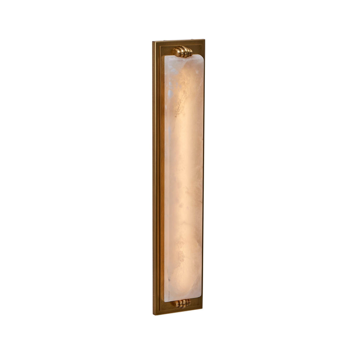 The Valora LED Vertical Panel Alabaster Wall Light features a brushed brass frame and alabaster panel, softly illuminating your space with a warm, soft white glow.