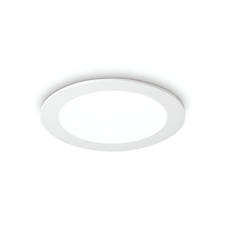 A contemporary Focus Round Recessed Downlight, with a 30W LED capacity and 3000K warm light temperature, showcases a streamlined white frame on a simple white backdrop, delivering energy efficiency.