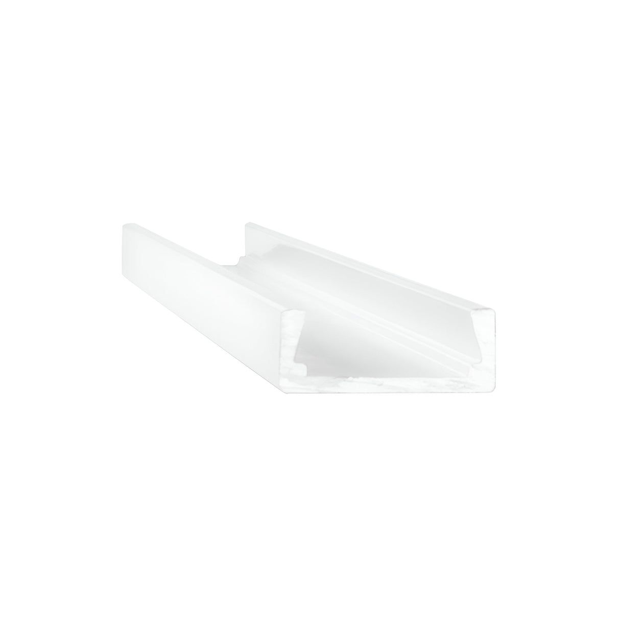 An Arcus LED Profile Cover 1m in aluminium, measuring 15x5cm, is positioned diagonally on a simple white background to ensure even light diffusion.