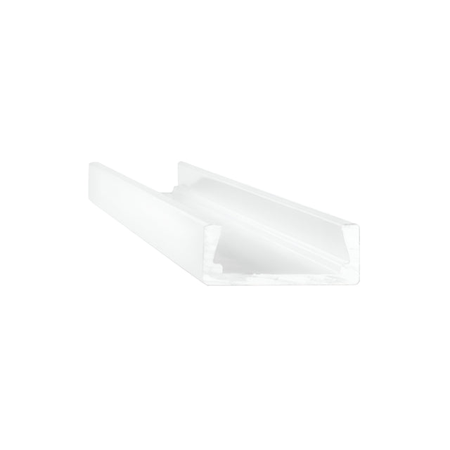 An Arcus LED Profile Cover 1m in aluminium, measuring 15x5cm, is positioned diagonally on a simple white background to ensure even light diffusion.