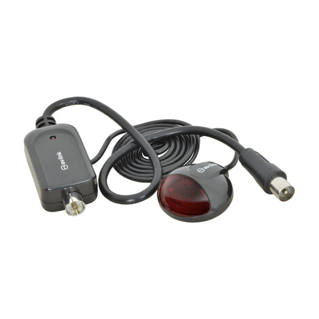 AV:Link Magic Eye Remote Control Extender with black main unit, coiled coaxial lead, red IR receiver eye and F-type connector on a white background.