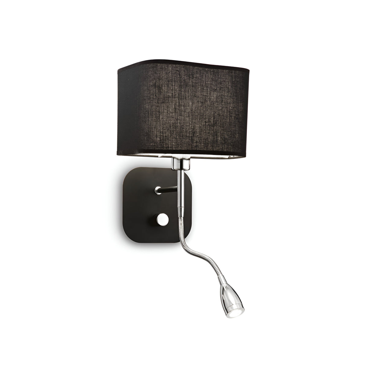 The Olympia LED Wall Light 1.5W 3000K - Black showcases a contemporary style with its square black fabric shade. It includes an integrated, adjustable reading light for added convenience, and is attached to a sleek black rectangular base.