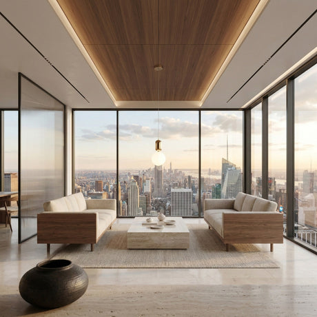 A modern, minimalist living room with wooden and beige furniture, a low marble coffee table, and floor-to-ceiling windows framing a sunset city skyline, illuminated by the gold Pallo Pendant Light with an opal glass diffuser.