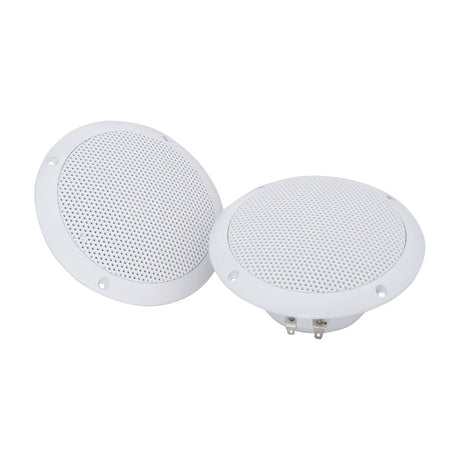 Adastra OD5-W8 pair of white water resistant ceiling speakers with round plastic grilles and rear terminals, shown on a plain white background.