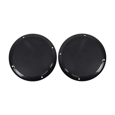 Pair of Adastra OD6-B8 matt black 6.5" water resistant ceiling speakers with round mesh grilles and screw fixing holes, shown on a plain white background.