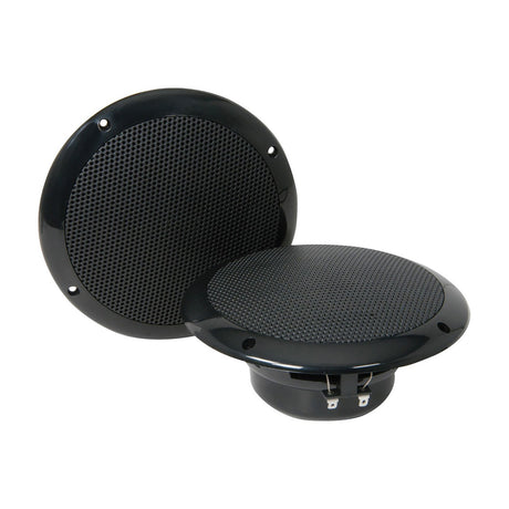 Adastra OD6-B8 pair of 6.5" water resistant ceiling speakers in matt black plastic with mesh grilles and rear spade terminals, on a white background.