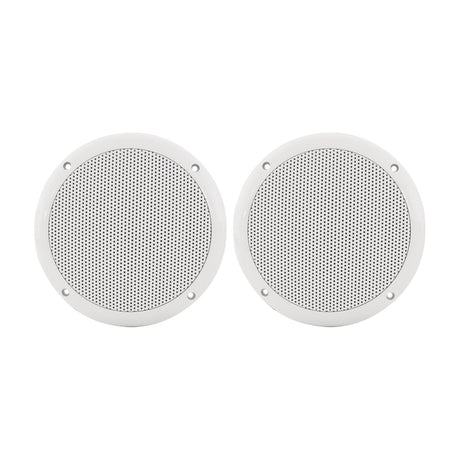 Pair of Adastra OD6-W8 round white ceiling speakers with perforated grilles and matt plastic trim, shown side by side on a plain white background.
