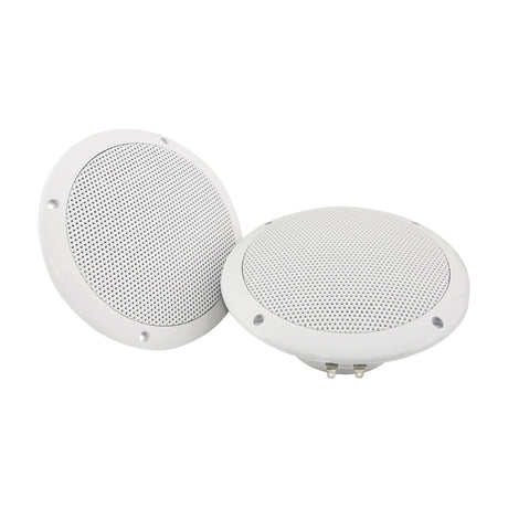 Pair of Adastra OD6-W8 water resistant 6.5" ceiling speakers in white plastic with perforated grilles and rear spade terminals, on a plain background.