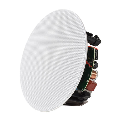 Adastra KV5 5.25" ceiling speaker by AVSL shown at an angle with white magnetic grille and exposed rear crossover, driver, and steel bracket assembly.