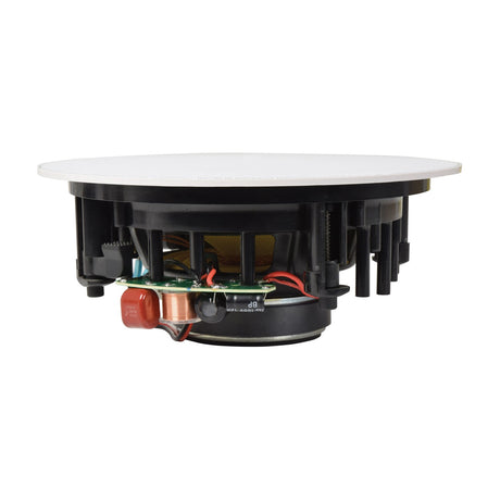 Side view of the Adastra KV6 6.5" passive ceiling speaker by AVSL, showing the white circular grille above the exposed ABS basket and crossover components.