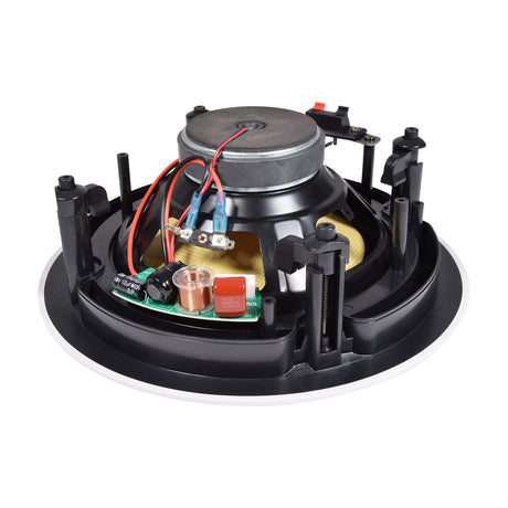 Rear view of the Adastra KV8 2-way 8" ceiling speaker showing the black ABS basket, magnet, wiring, crossover board and mounting clamps on a white background.