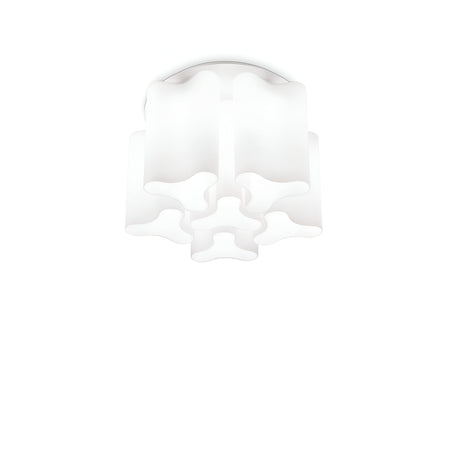 The Haze 6 Light Glass Flush - White is a contemporary ceiling light fixture showcasing a geometric design with wavy edges that mimic interconnected star-like shapes. It includes a glass diffuser, enhancing its soft and elegant appearance against a simple white background.