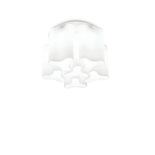 The Haze 6 Light Glass Flush - White is a contemporary ceiling light fixture showcasing a geometric design with wavy edges that mimic interconnected star-like shapes. It includes a glass diffuser, enhancing its soft and elegant appearance against a simple white background.