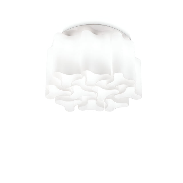 The Haze 10 Light Glass Flush - White is a contemporary ceiling fixture with an elegant, cloud-like design. It is crafted from white blown glass in a circular shape, featuring a sleek and artistic appearance that casts a soft glow.