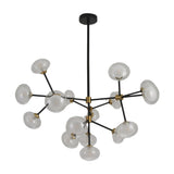 The Galaxy 16 Light Chandelier - Black & White features a black central rod, angled arms with white glass globes, and brass accents at each joint, creating a striking modern look reminiscent of clusters or molecules.